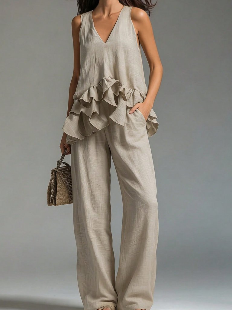Khaki Boho Women's Ruffle Hem V-Neck Top And Loose Pants Set
